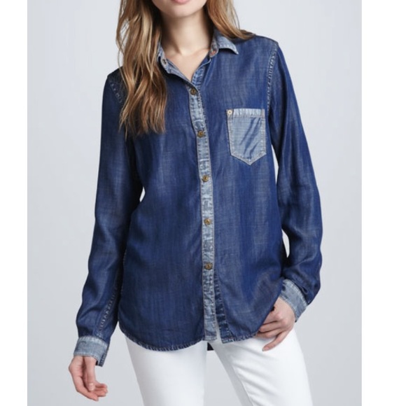7 FOR ALL MANKIND Blue Color-block Denim Shirt L - Picture 1 of 8
